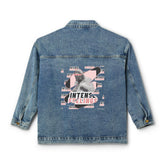 Intense Feelings - Women's Black/Pink Rose Print Denim Jacket Moodovation