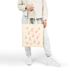 Breast Cancer Awareness Canvas Tote Bag – Courage, Strength & Faith Ribbon