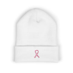 Breast Cancer Awareness Embroidered Beanie – Courage, Strength & Faith Ribbon