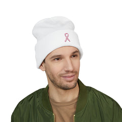 Breast Cancer Awareness Embroidered Beanie – Courage, Strength & Faith Ribbon