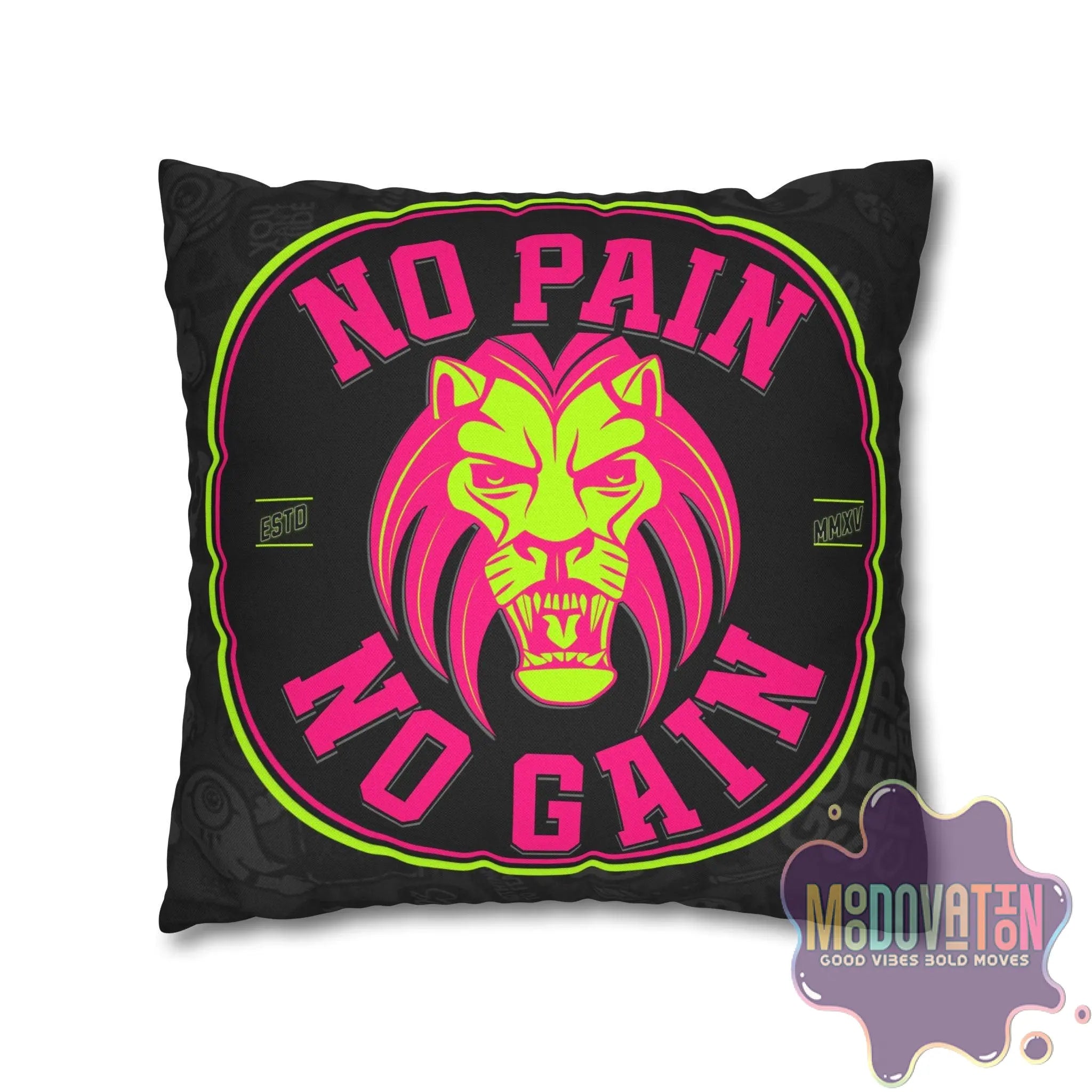 No Pain No Gain Spun Polyester Square Pillowcase - Black - MOODOVATION