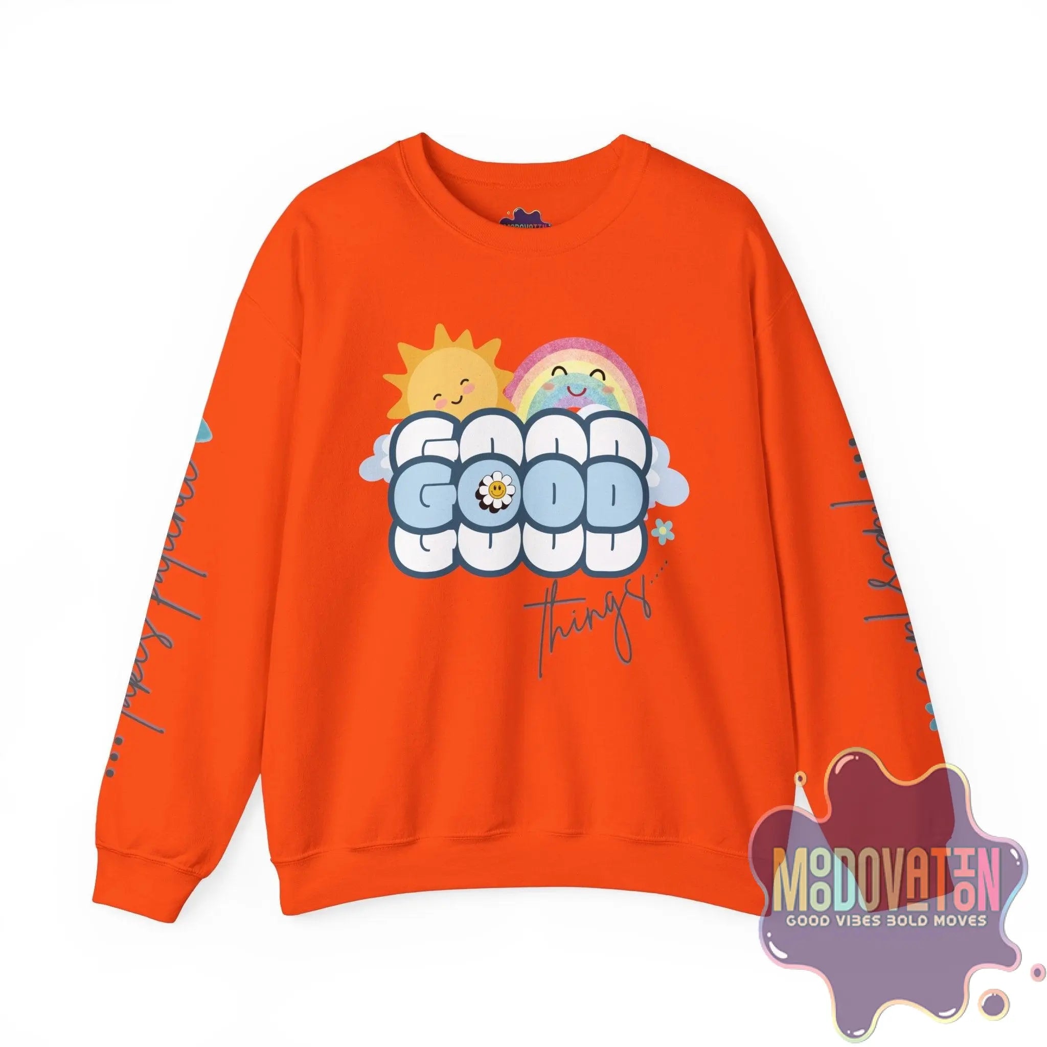 Good Things - Unisex Heavy Blend Crewneck Sweatshirt - Large Graphic Sleeve - MOODOVATION
