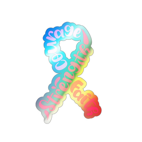 Holographic Breast Cancer Awareness Ribbon Sticker – Courage, Strength & Faith