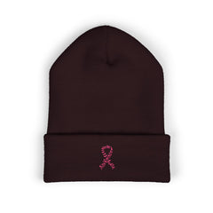 Breast Cancer Awareness Embroidered Beanie – Courage, Strength & Faith Ribbon