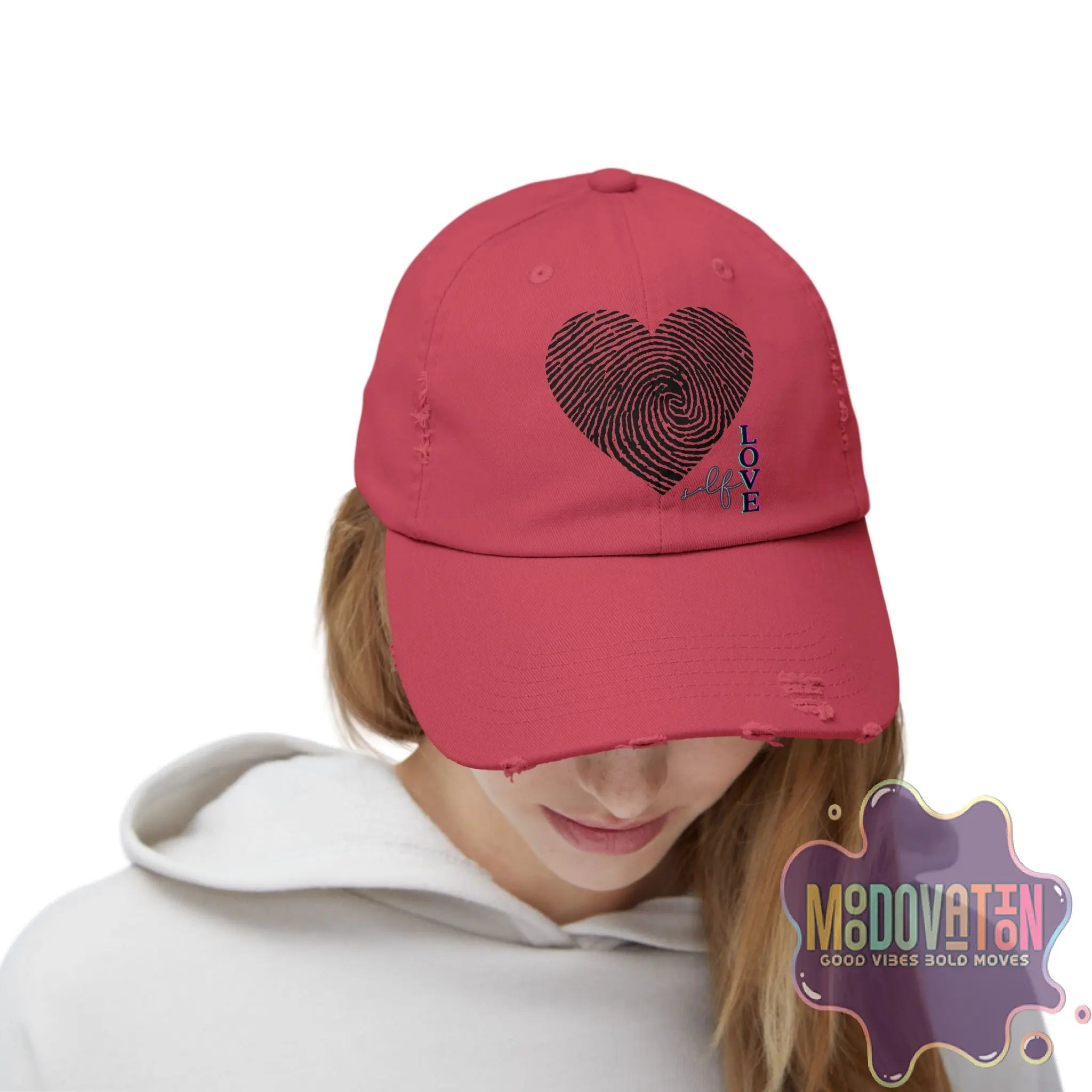 Self Love Fingerprint Heart – Unisex Distressed Vintage Hat - MOODOVATION