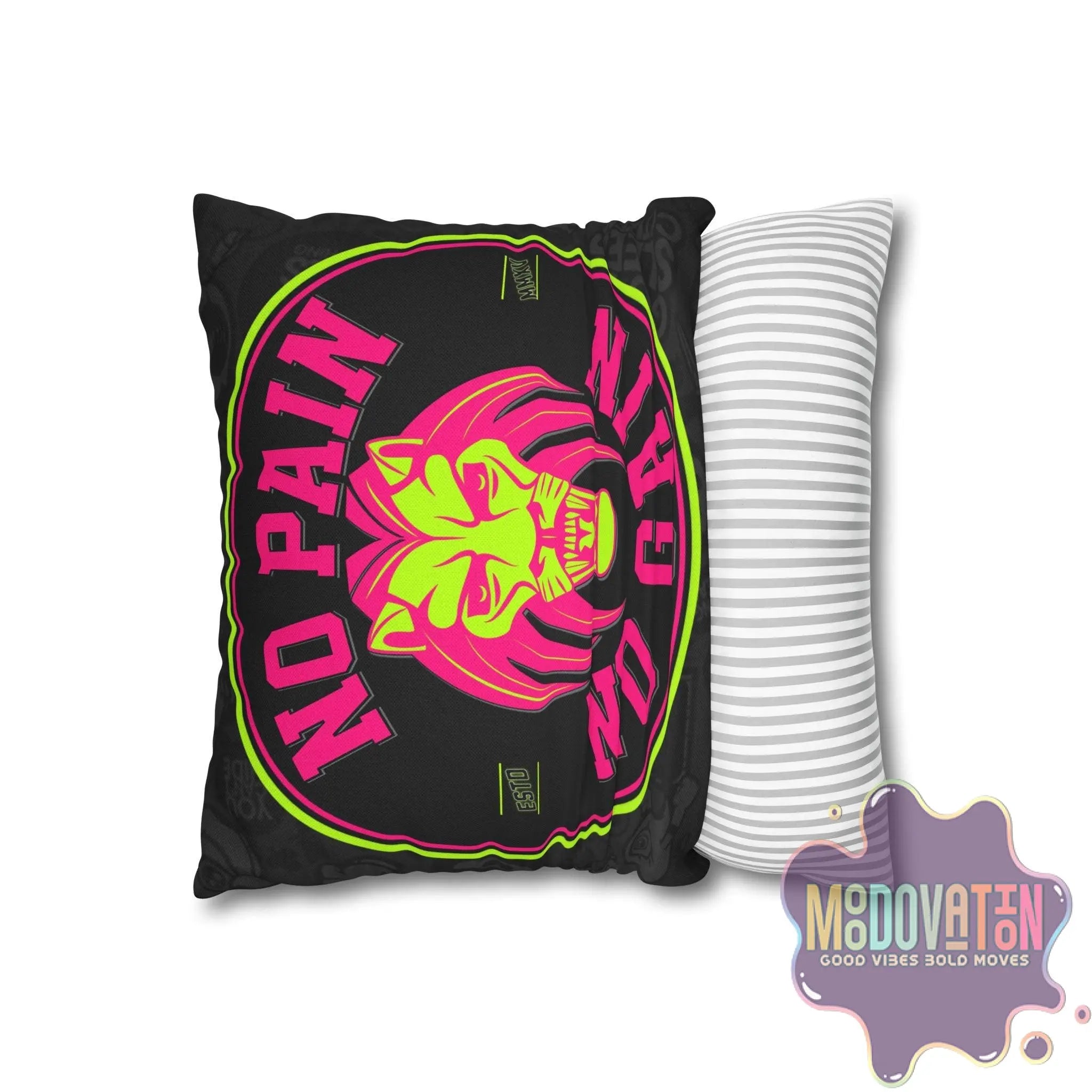 No Pain No Gain Spun Polyester Square Pillowcase - Black - MOODOVATION