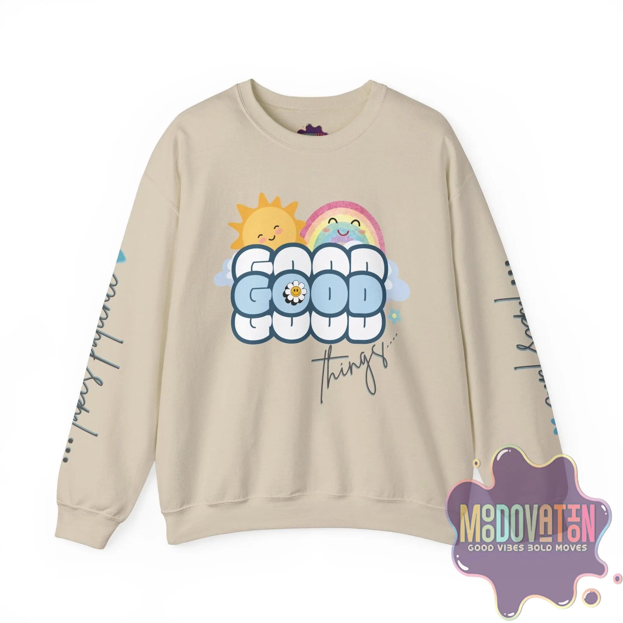 Good Things - Unisex Heavy Blend Crewneck Sweatshirt - Large Graphic Sleeve - MOODOVATION