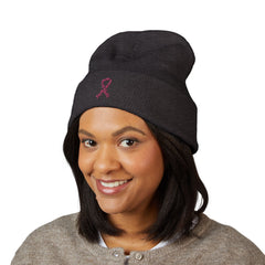 Breast Cancer Awareness Embroidered Beanie – Courage, Strength & Faith Ribbon