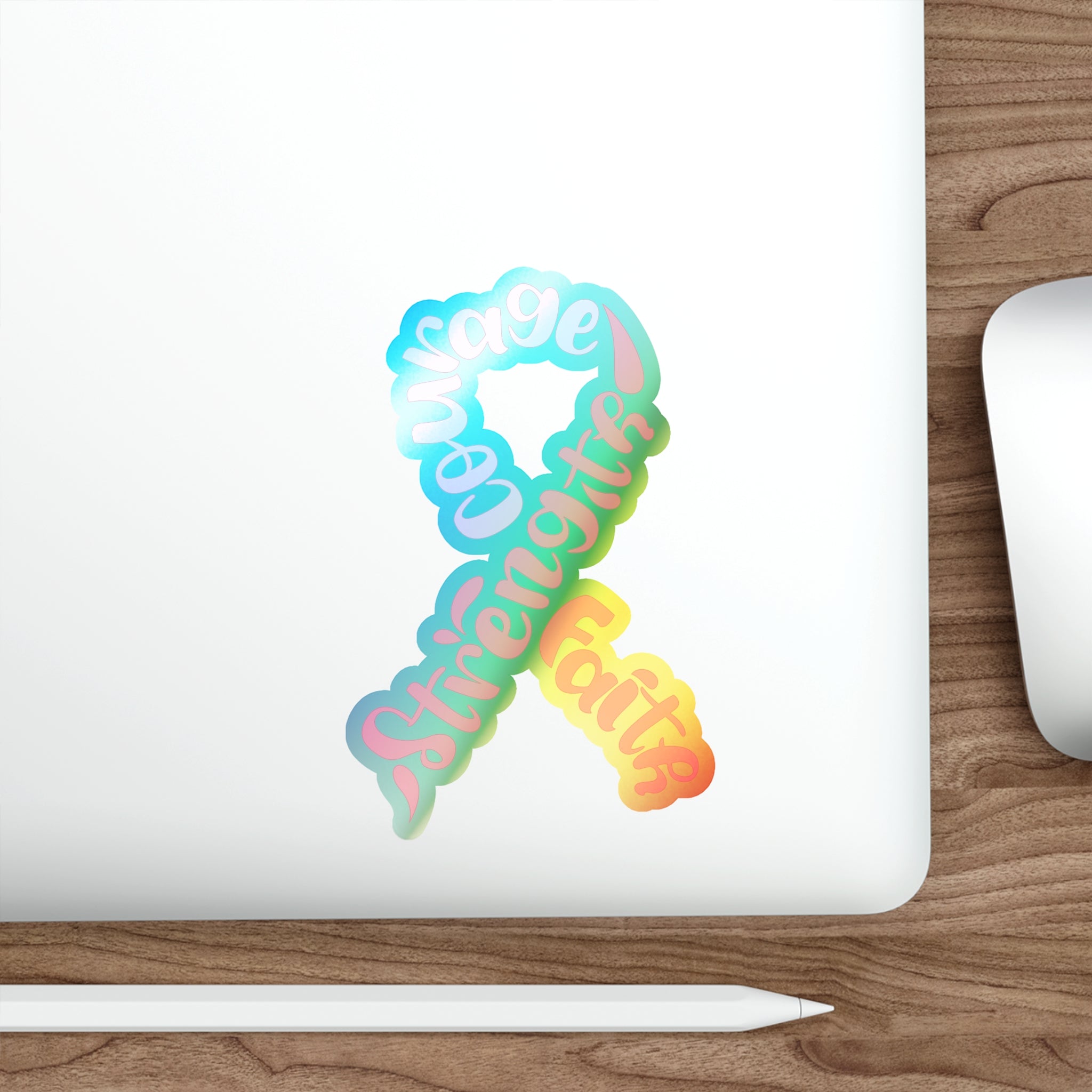 Holographic Breast Cancer Awareness Ribbon Sticker – Courage, Strength & Faith