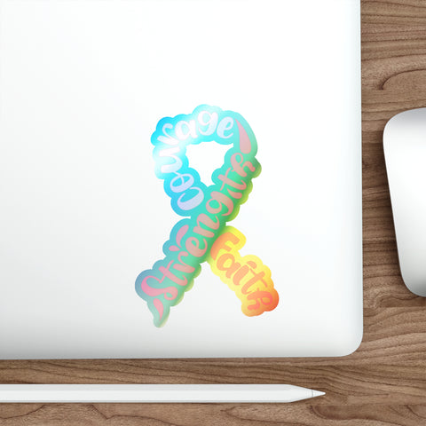 Holographic Breast Cancer Awareness Ribbon Sticker – Courage, Strength & Faith