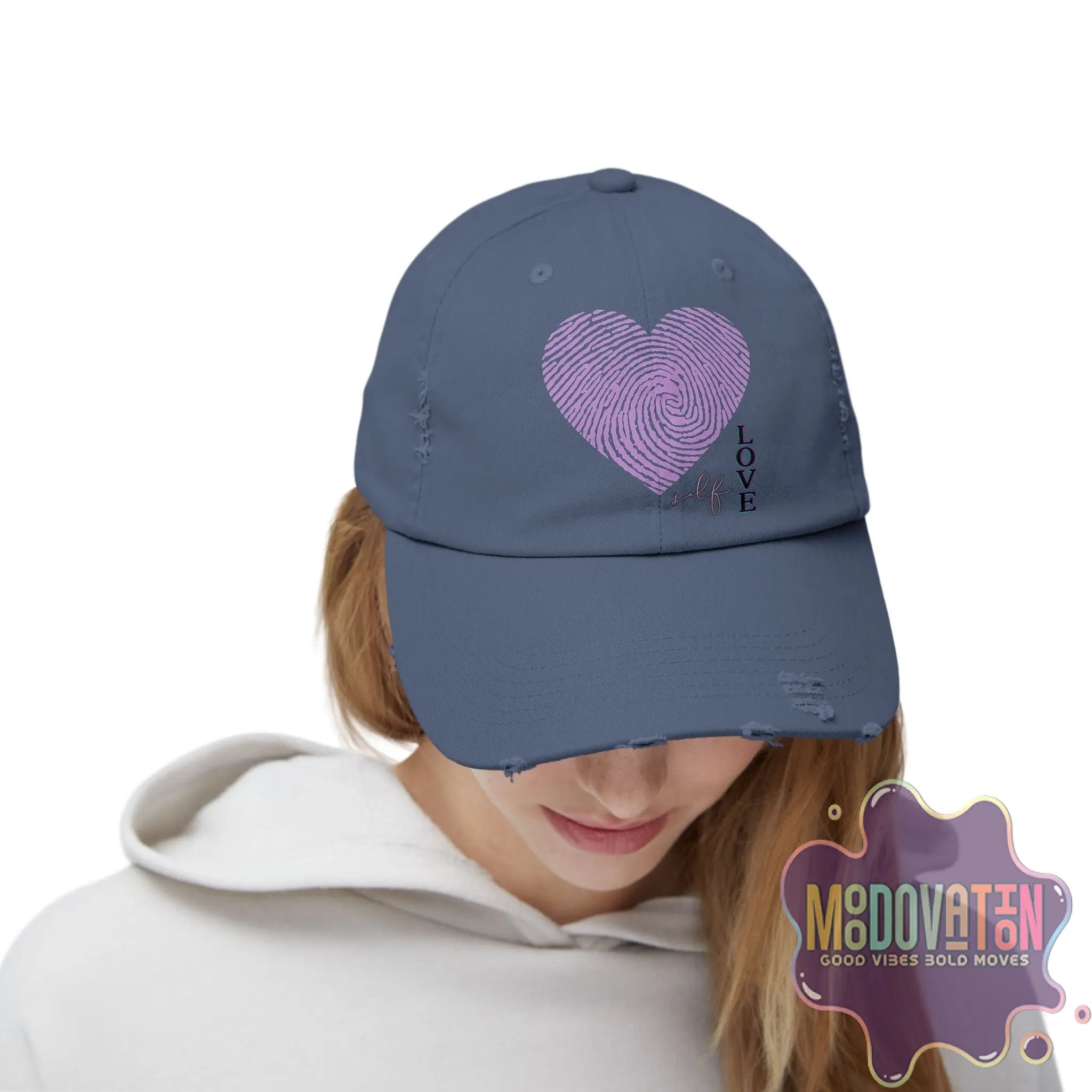 Self Love Fingerprint Heart – Unisex Distressed Vintage Hat - MOODOVATION