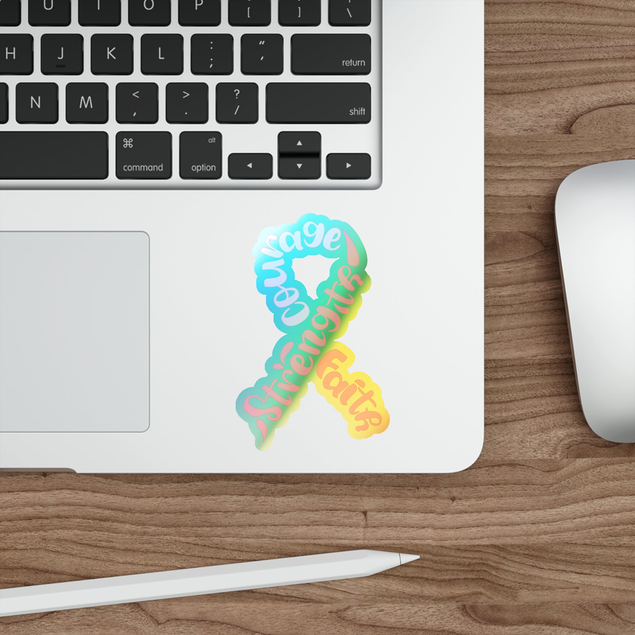 Holographic Breast Cancer Awareness Ribbon Sticker – Courage, Strength & Faith