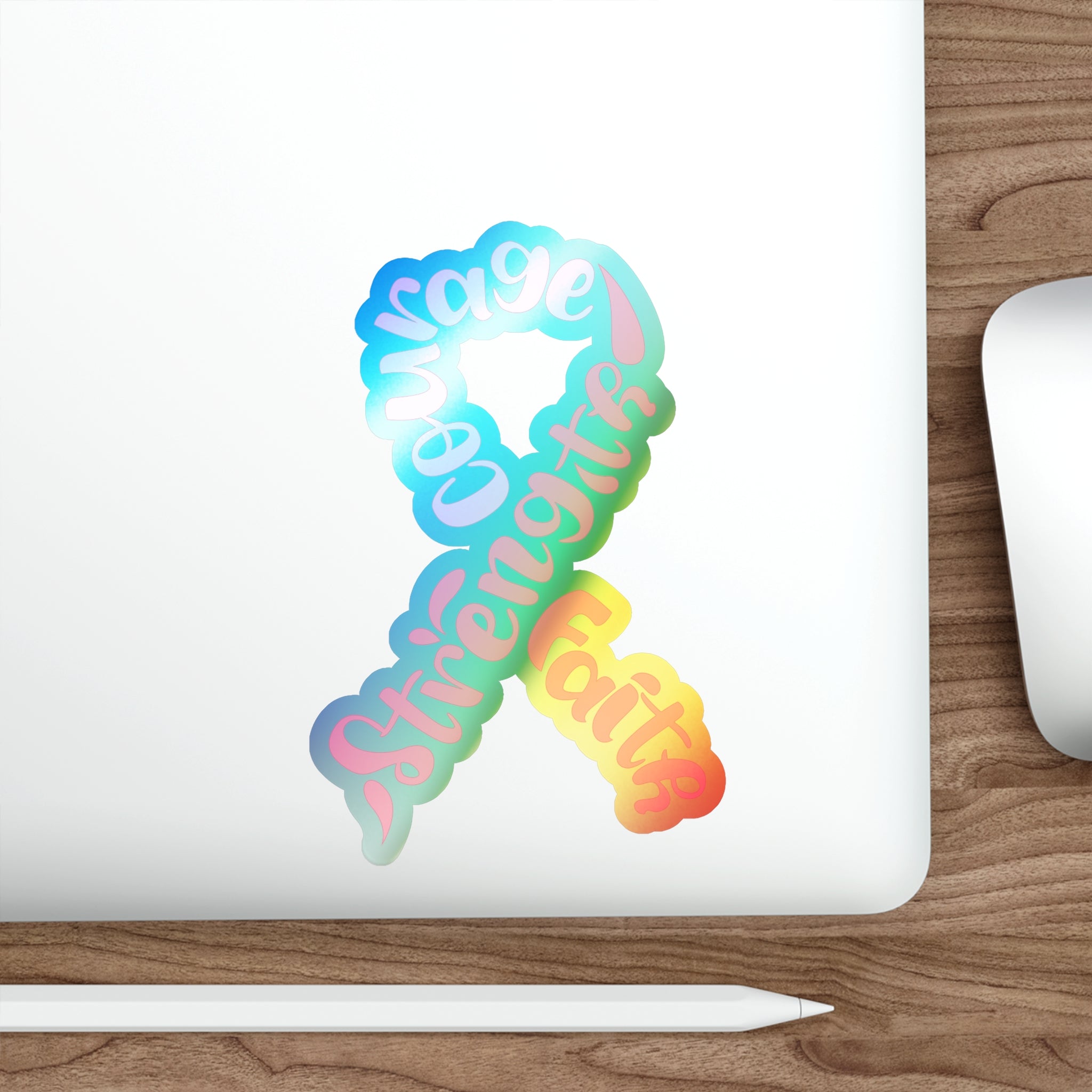 Holographic Breast Cancer Awareness Ribbon Sticker – Courage, Strength & Faith