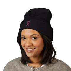Breast Cancer Awareness Embroidered Beanie – Courage, Strength & Faith Ribbon