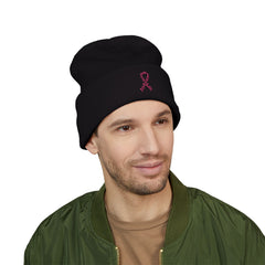 Breast Cancer Awareness Embroidered Beanie – Courage, Strength & Faith Ribbon