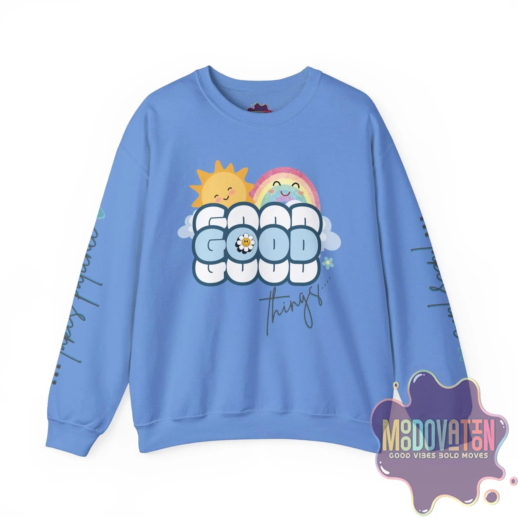 Good Things - Unisex Heavy Blend Crewneck Sweatshirt - Large Graphic Sleeve - MOODOVATION