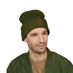 Breast Cancer Awareness Embroidered Beanie – Courage, Strength & Faith Ribbon