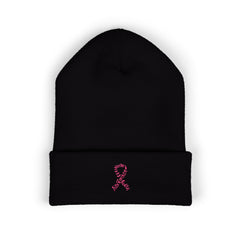 Breast Cancer Awareness Embroidered Beanie – Courage, Strength & Faith Ribbon