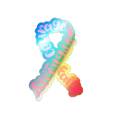 Holographic Breast Cancer Awareness Ribbon Sticker – Courage, Strength & Faith
