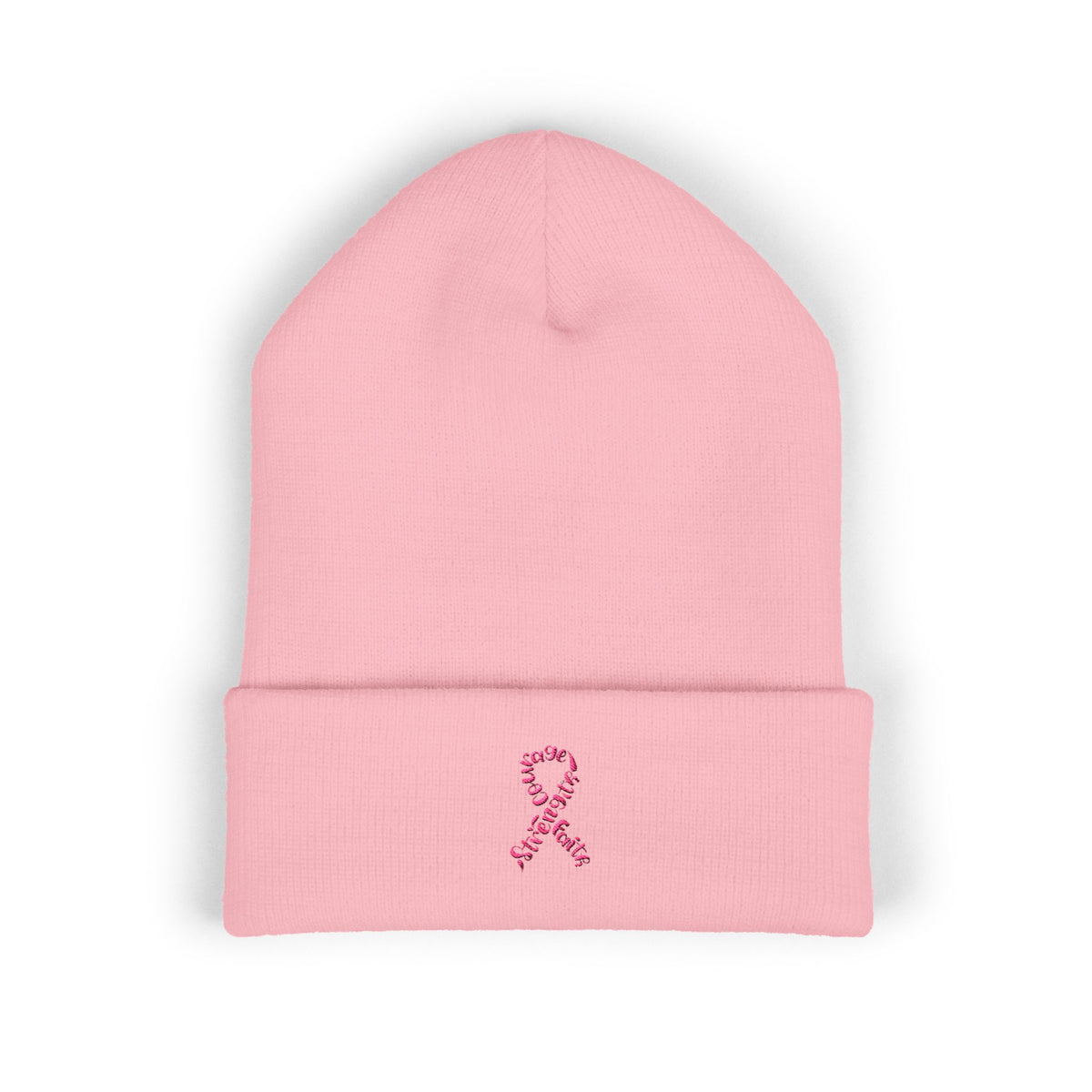 Breast Cancer Awareness Embroidered Beanie – Courage, Strength & Faith Ribbon