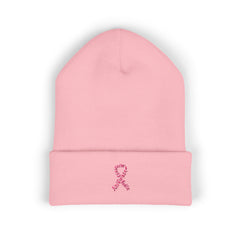 Breast Cancer Awareness Embroidered Beanie – Courage, Strength & Faith Ribbon