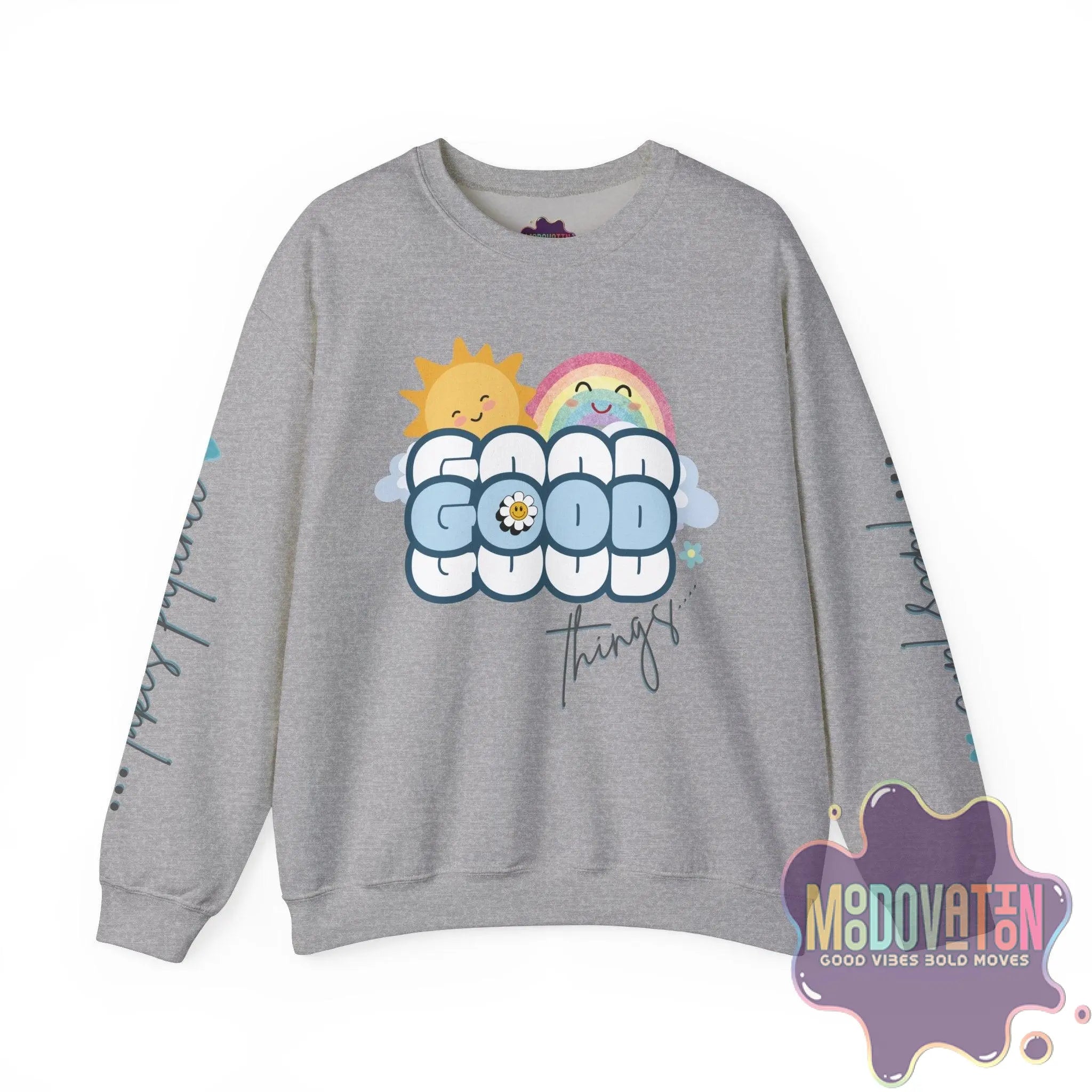 Good Things - Unisex Heavy Blend Crewneck Sweatshirt - Large Graphic Sleeve - MOODOVATION