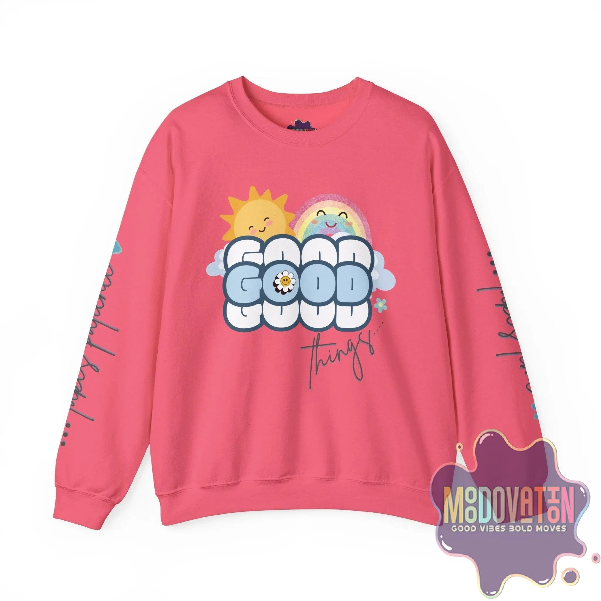 Good Things - Unisex Heavy Blend Crewneck Sweatshirt - Large Graphic Sleeve - MOODOVATION