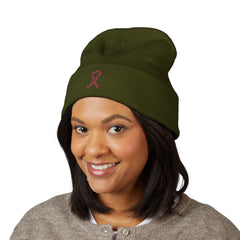 Breast Cancer Awareness Embroidered Beanie – Courage, Strength & Faith Ribbon