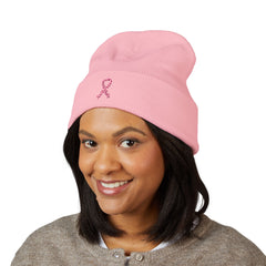 Breast Cancer Awareness Embroidered Beanie – Courage, Strength & Faith Ribbon