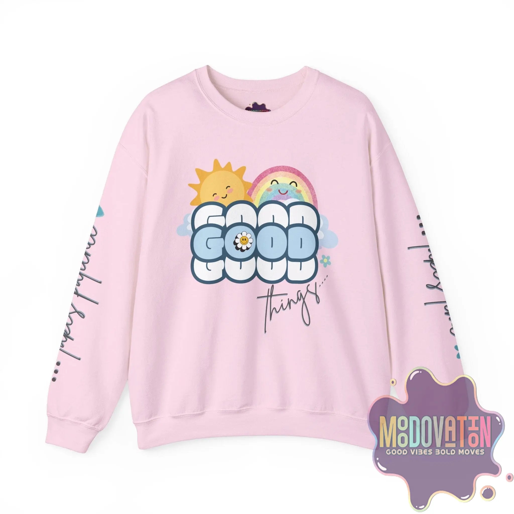 Good Things - Unisex Heavy Blend Crewneck Sweatshirt - Large Graphic Sleeve - MOODOVATION