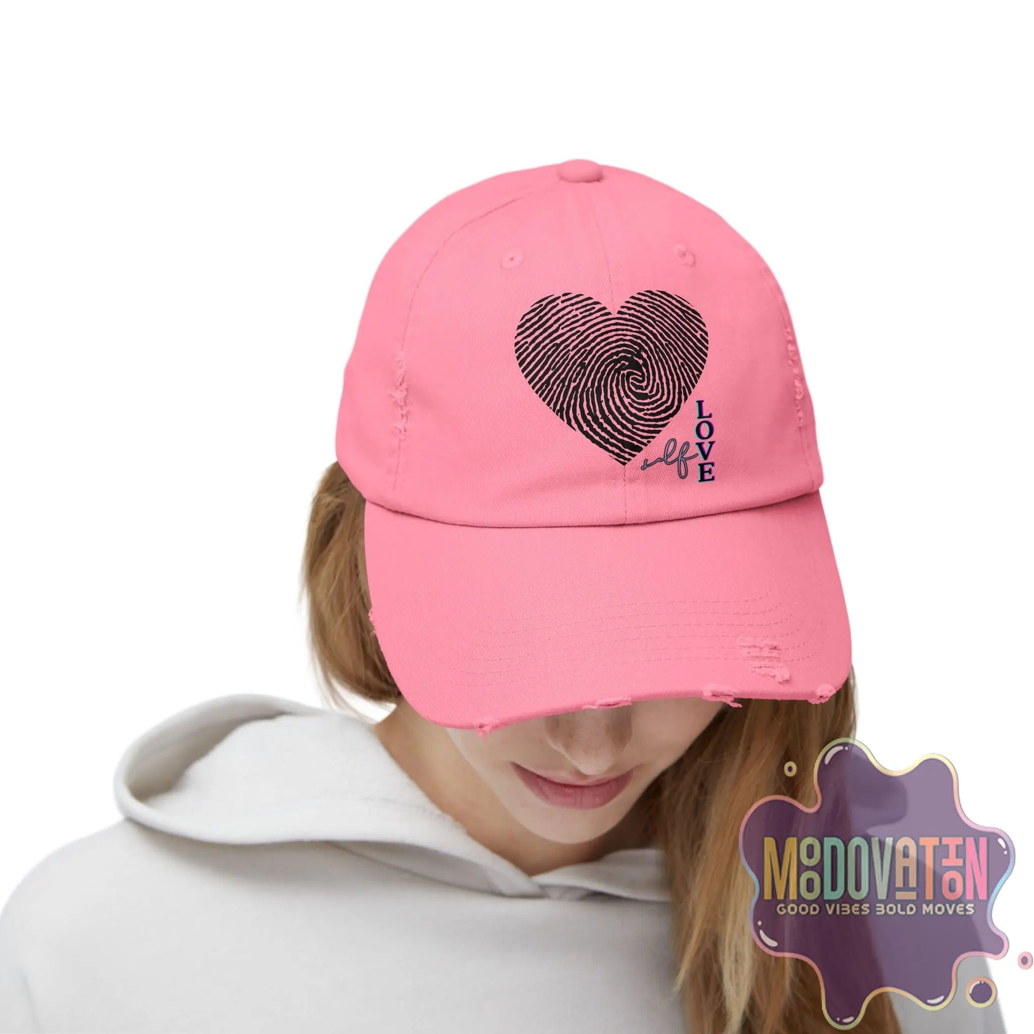 Self Love Fingerprint Heart – Unisex Distressed Vintage Hat - MOODOVATION