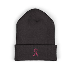 Breast Cancer Awareness Embroidered Beanie – Courage, Strength & Faith Ribbon
