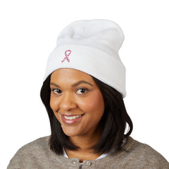 Breast Cancer Awareness Embroidered Beanie – Courage, Strength & Faith Ribbon