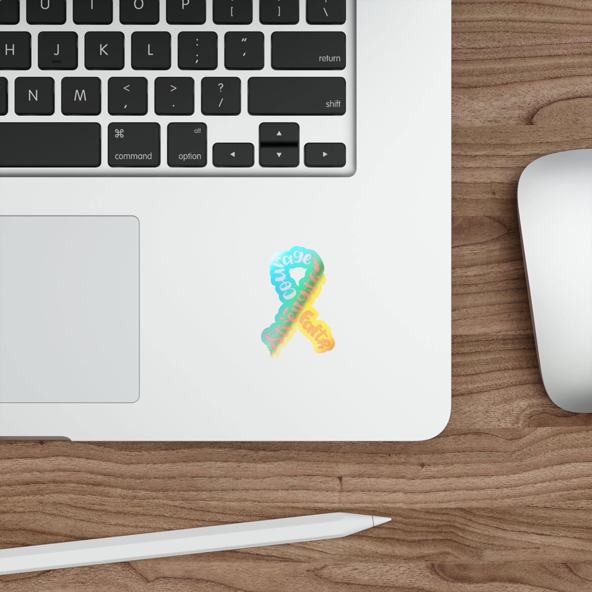 Holographic Breast Cancer Awareness Ribbon Sticker – Courage, Strength & Faith