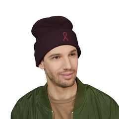 Breast Cancer Awareness Embroidered Beanie – Courage, Strength & Faith Ribbon