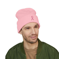 Breast Cancer Awareness Embroidered Beanie – Courage, Strength & Faith Ribbon