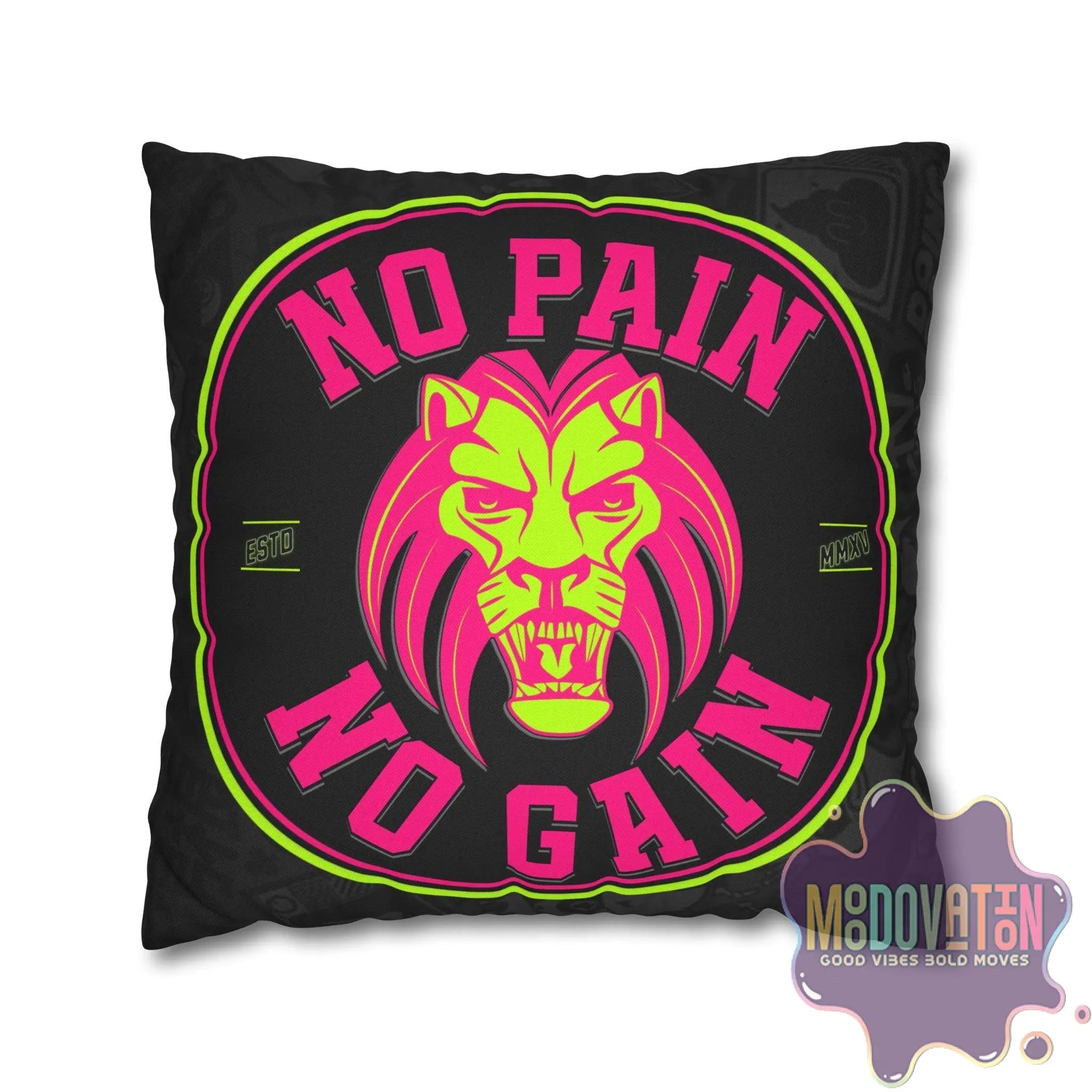 No Pain No Gain Spun Polyester Square Pillowcase - Black - MOODOVATION