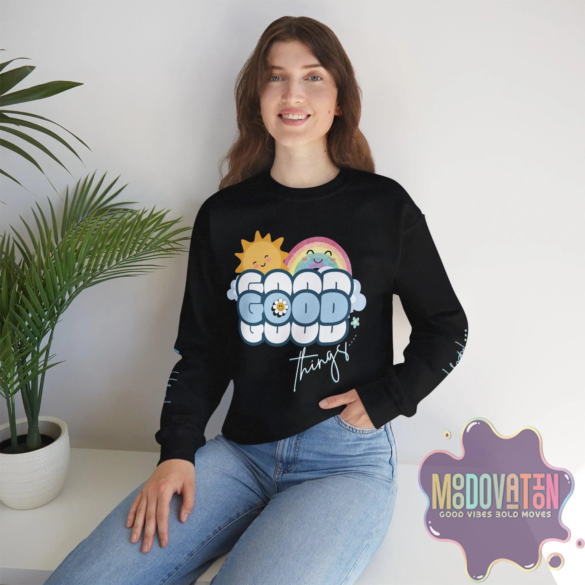 Good Things - Unisex Heavy Blend Crewneck Sweatshirt - Large Graphic Sleeve - MOODOVATION