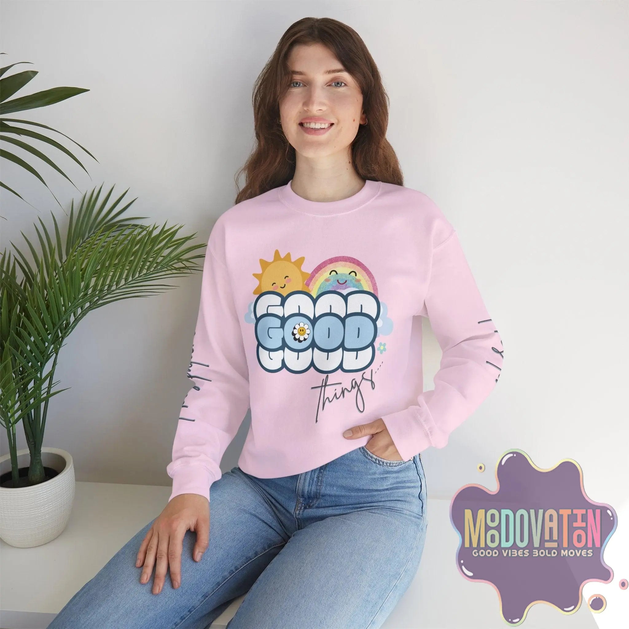 Good Things - Unisex Heavy Blend Crewneck Sweatshirt - Large Graphic Sleeve - MOODOVATION