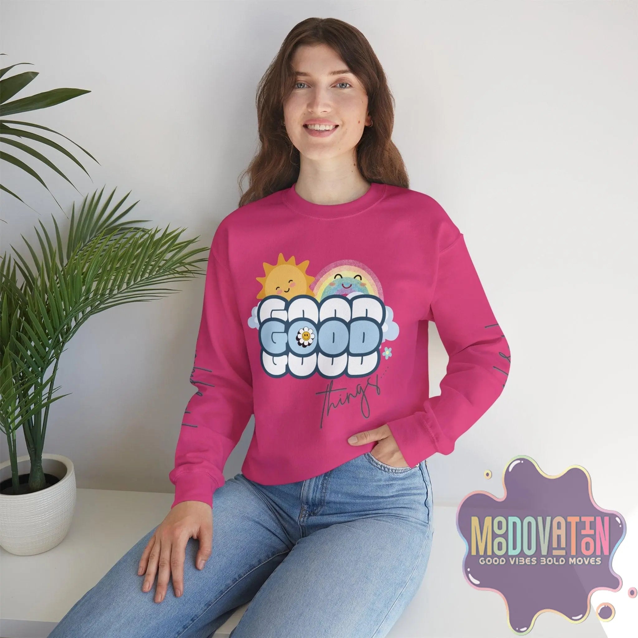Good Things - Unisex Heavy Blend Crewneck Sweatshirt - Large Graphic Sleeve - MOODOVATION