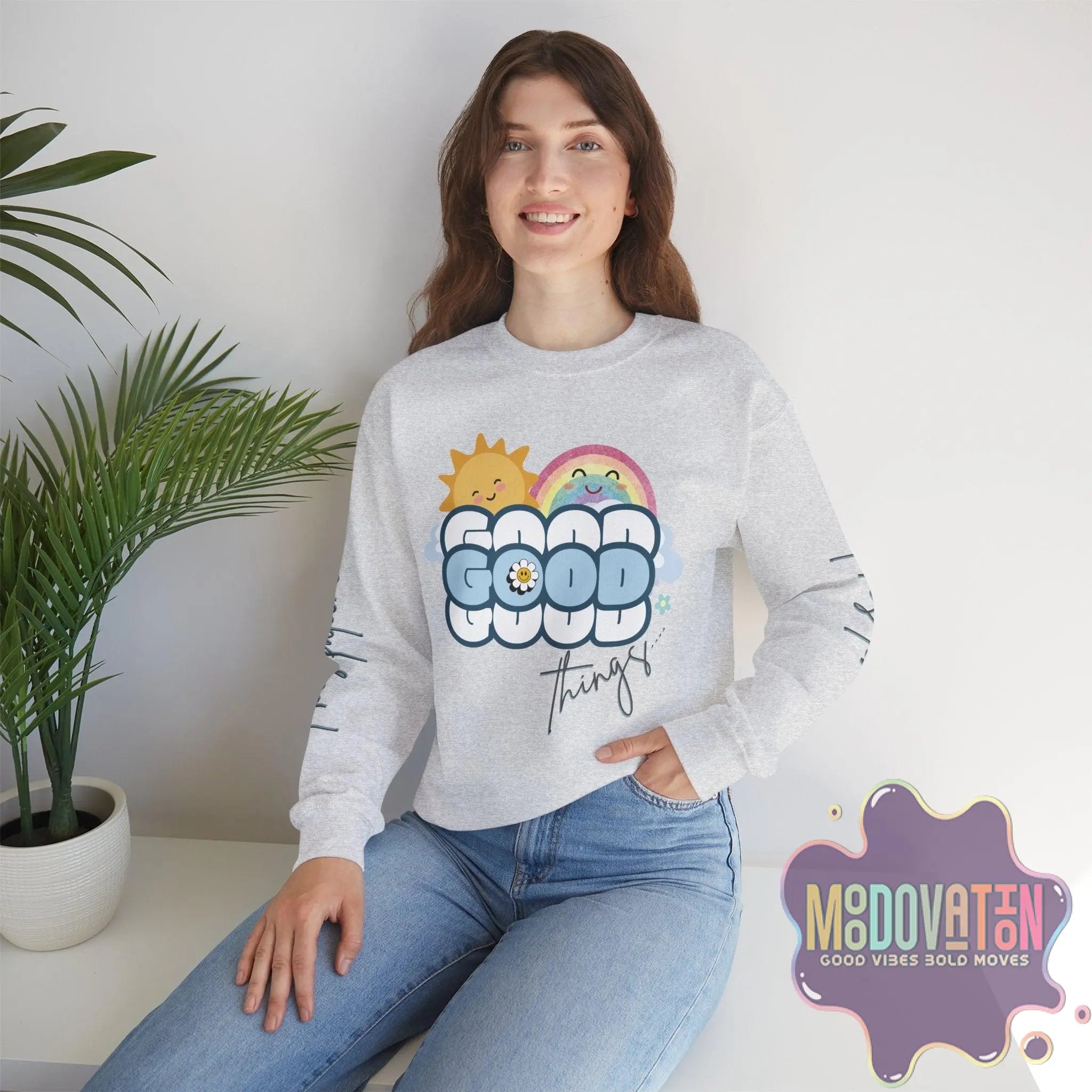 Good Things - Unisex Heavy Blend Crewneck Sweatshirt - Large Graphic Sleeve - MOODOVATION
