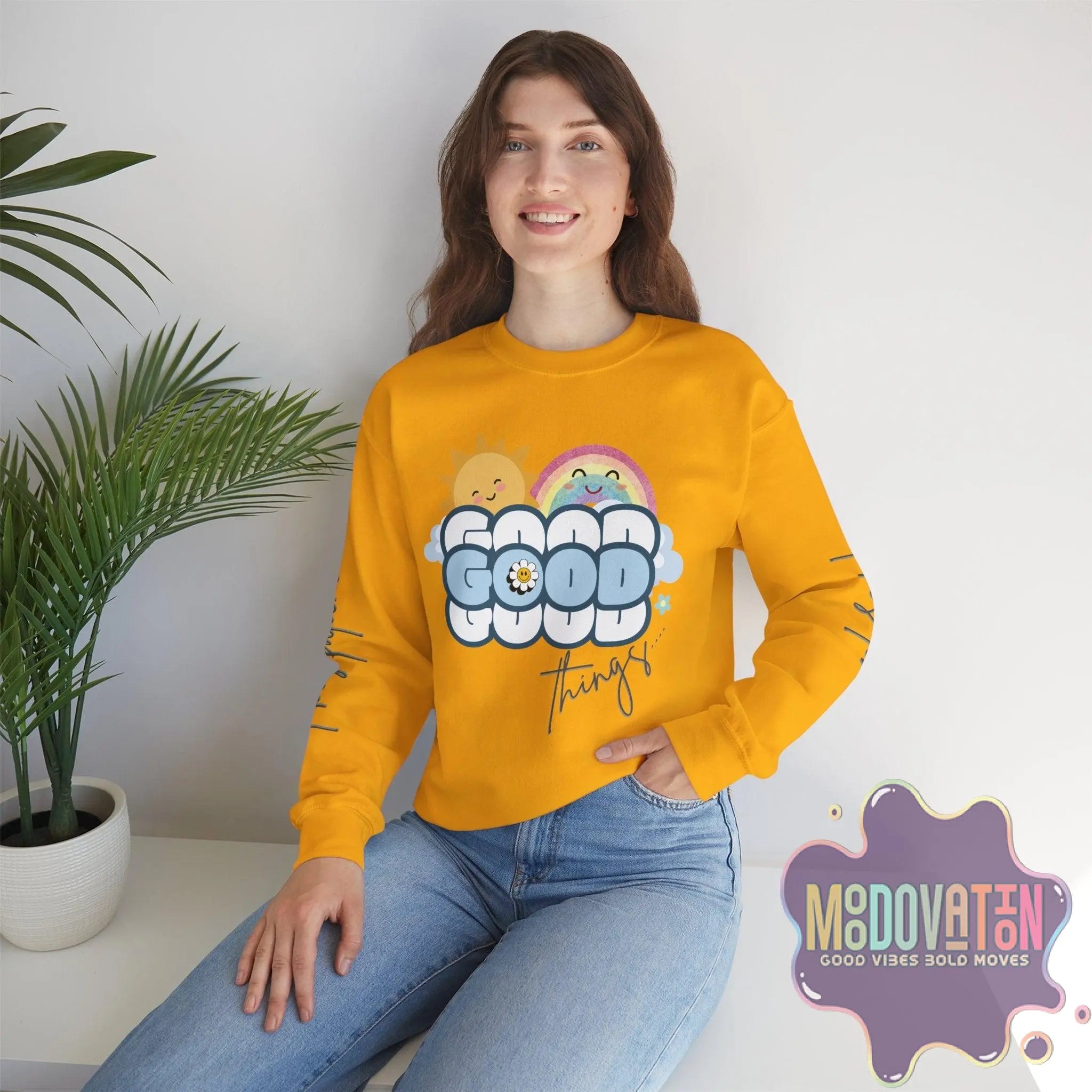 Good Things - Unisex Heavy Blend Crewneck Sweatshirt - Large Graphic Sleeve - MOODOVATION