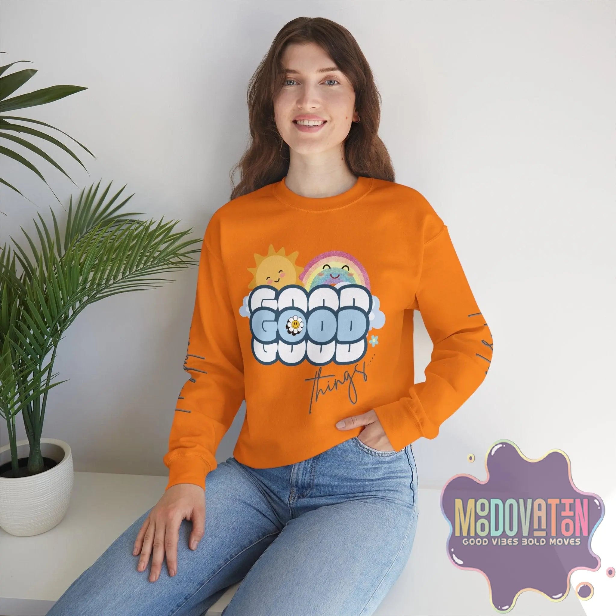 Good Things - Unisex Heavy Blend Crewneck Sweatshirt - Large Graphic Sleeve - MOODOVATION
