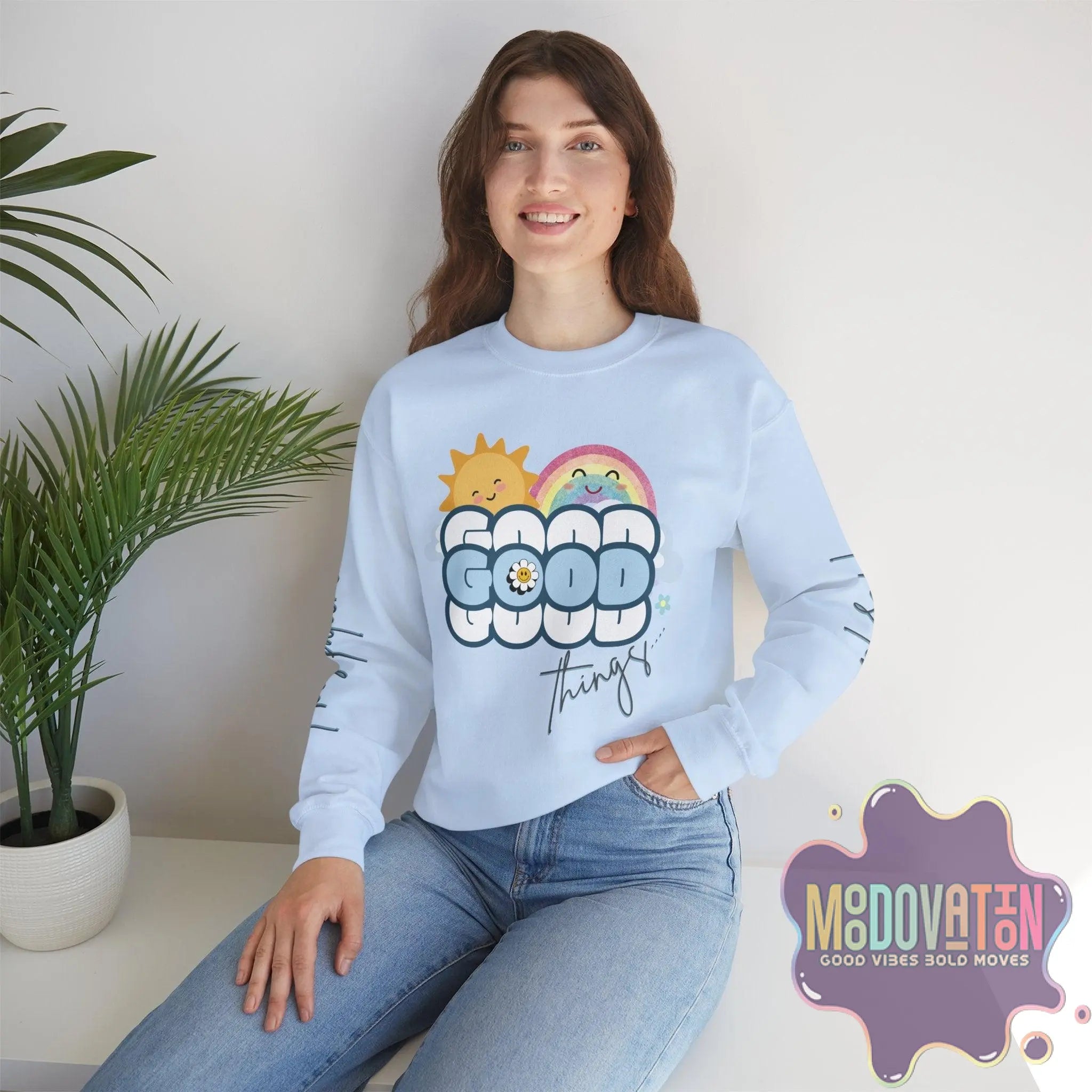 Good Things - Unisex Heavy Blend Crewneck Sweatshirt - Large Graphic Sleeve - MOODOVATION