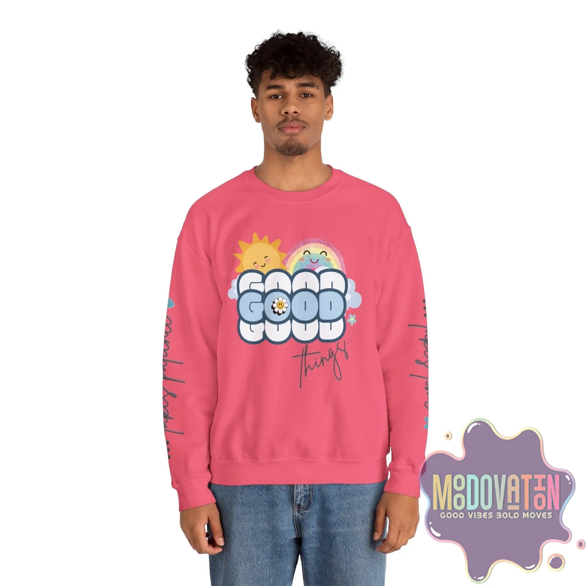 Good Things - Unisex Heavy Blend Crewneck Sweatshirt - Large Graphic Sleeve - MOODOVATION
