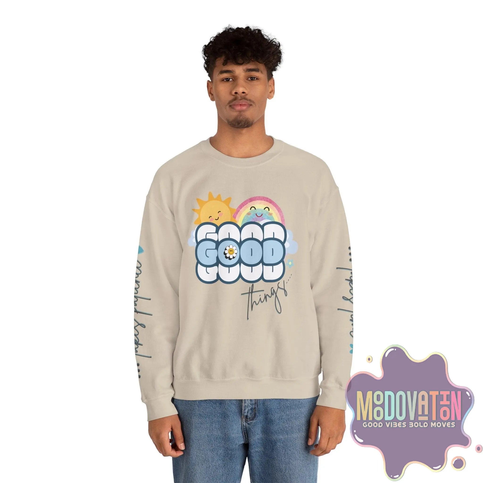 Good Things - Unisex Heavy Blend Crewneck Sweatshirt - Large Graphic Sleeve - MOODOVATION