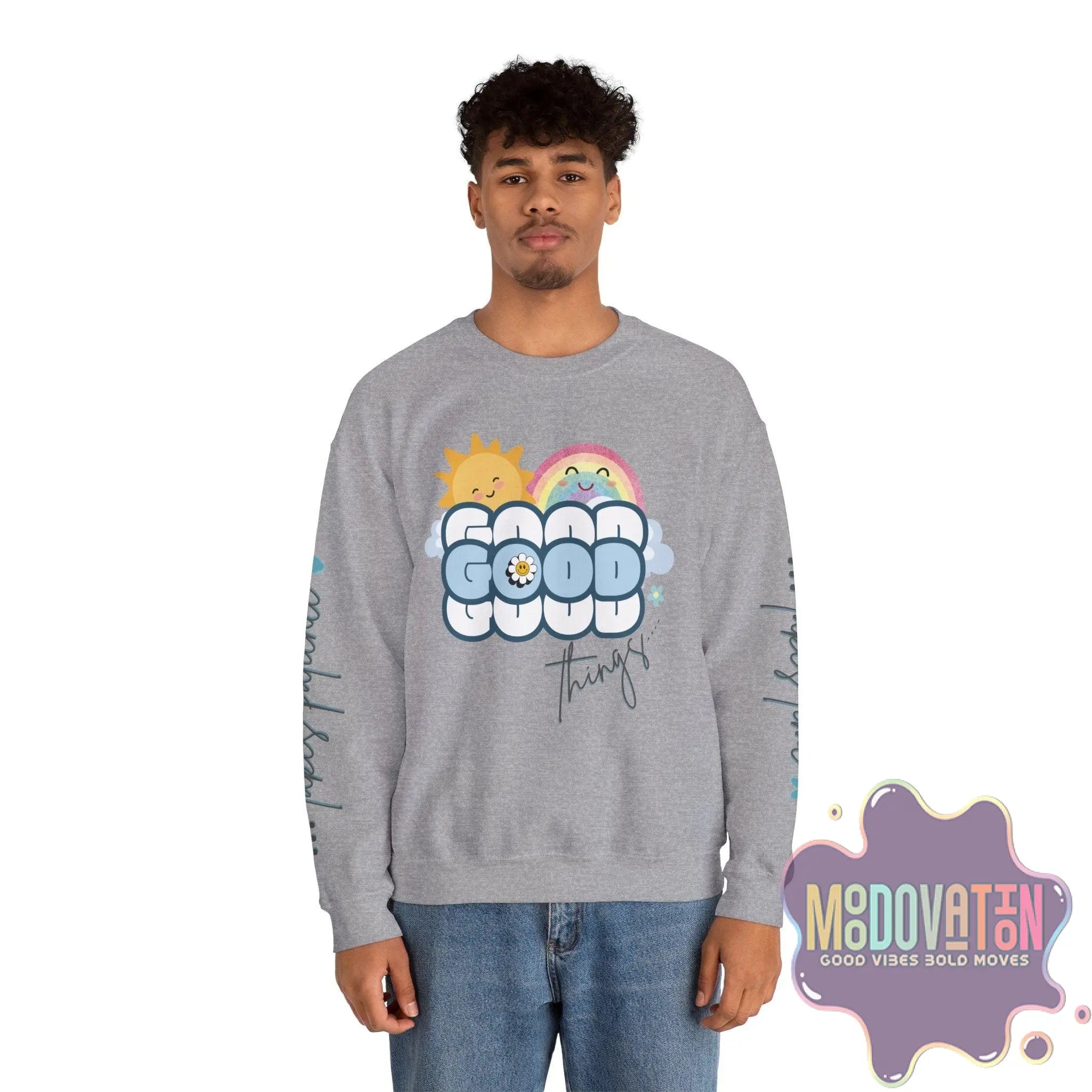 Good Things - Unisex Heavy Blend Crewneck Sweatshirt - Large Graphic Sleeve - MOODOVATION