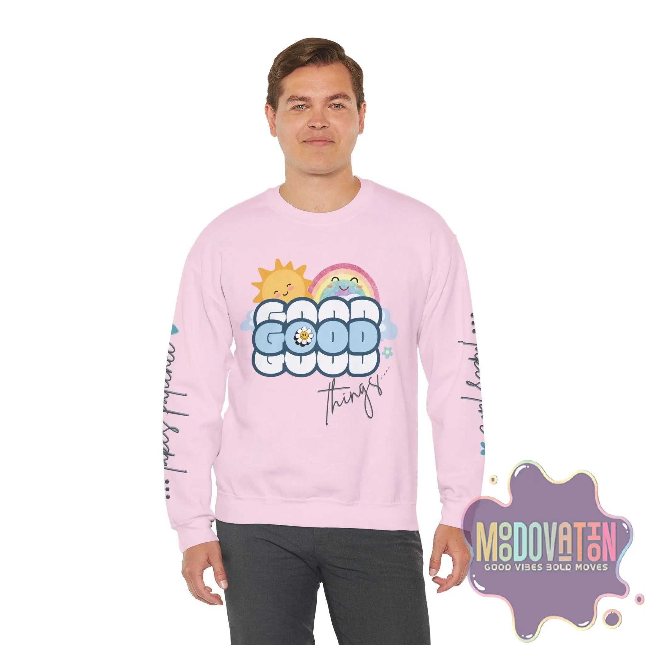 Good Things - Unisex Heavy Blend Crewneck Sweatshirt - Large Graphic Sleeve - MOODOVATION
