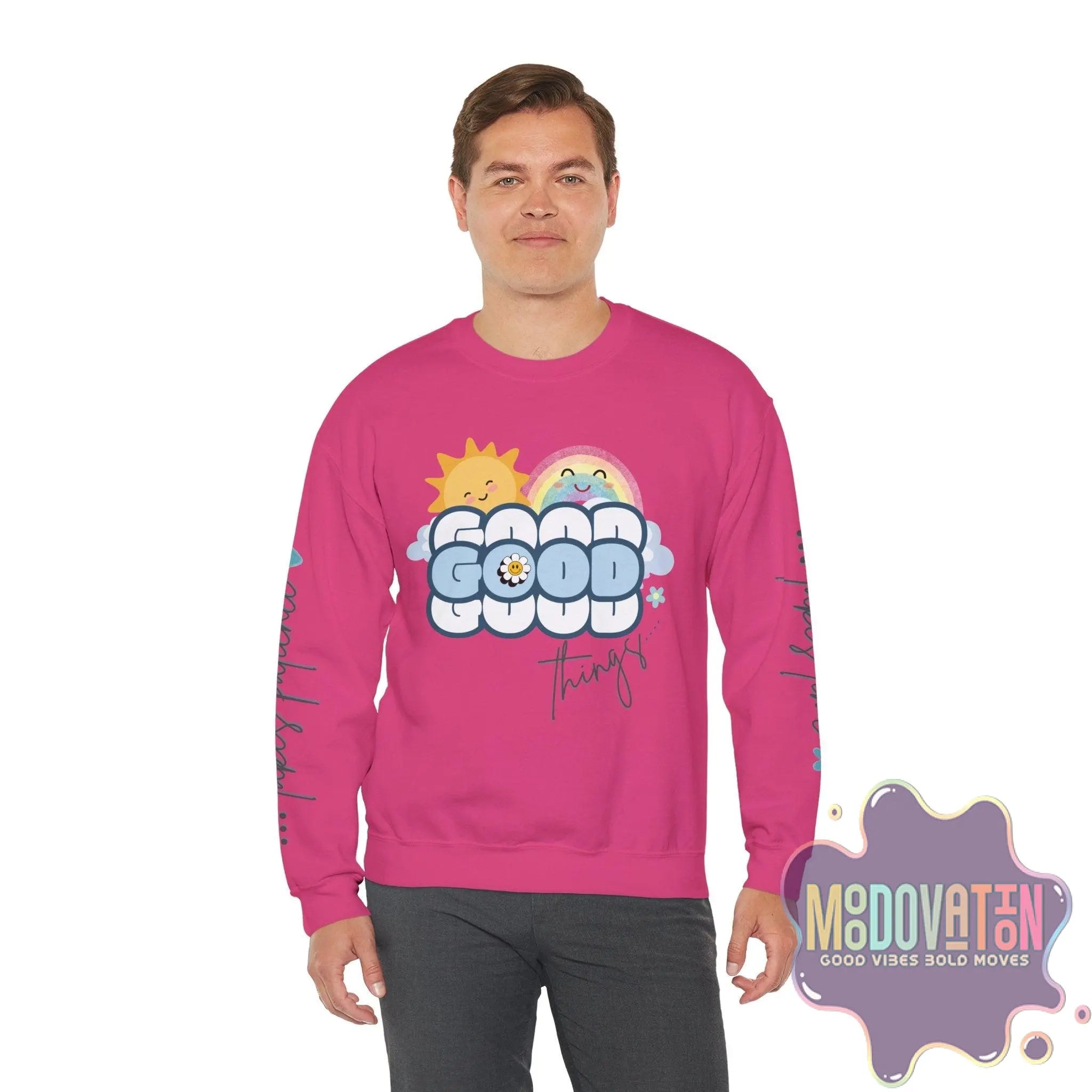 Good Things - Unisex Heavy Blend Crewneck Sweatshirt - Large Graphic Sleeve - MOODOVATION