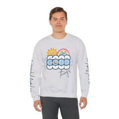 Good Things - Unisex Heavy Blend Crewneck Sweatshirt - Large Graphic Sleeve - MOODOVATION